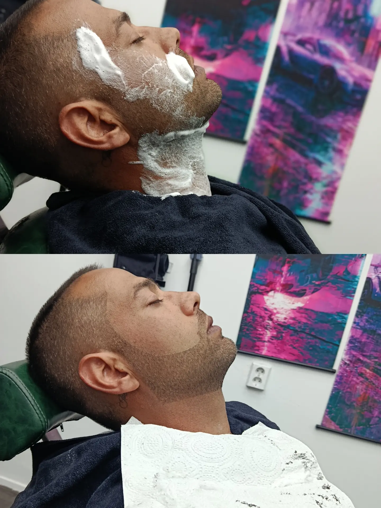 Baard scheren met warm schuim, voor en na
