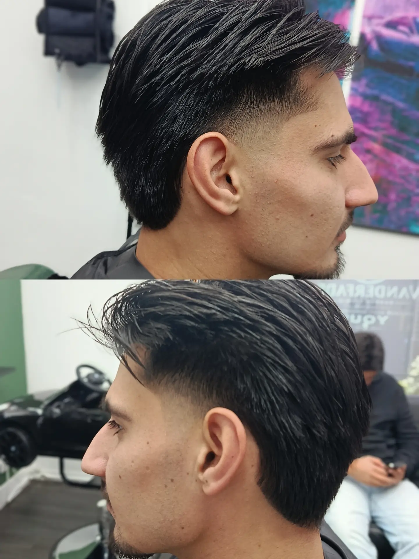 Taper fade met achterovergekamd haar, voor en na